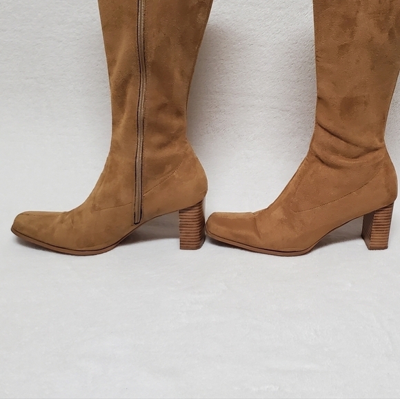 VINTAGE 90s Candies Caramel Faux Suede Stacked Heel Square Toe Knee High Boots 8 - Picture 8 of 16